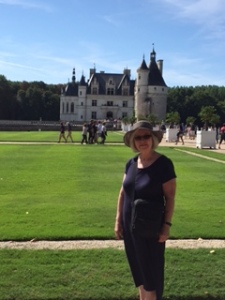Ann ready for action at the start of the tour with our first glimpse of the Chateau. The circular guard house is actually separate and in front of the main building.
